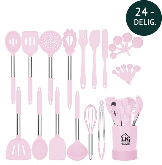Ensemble d'ustensiles de cuisine en Siliconen/ acier inoxydable LK HOME LUXE Rose 24 pièces, ustensiles de cuisine, ustensiles de cuisine, accessoires de cuisine, spatule en silicone / acier inoxydable avec support / seau.