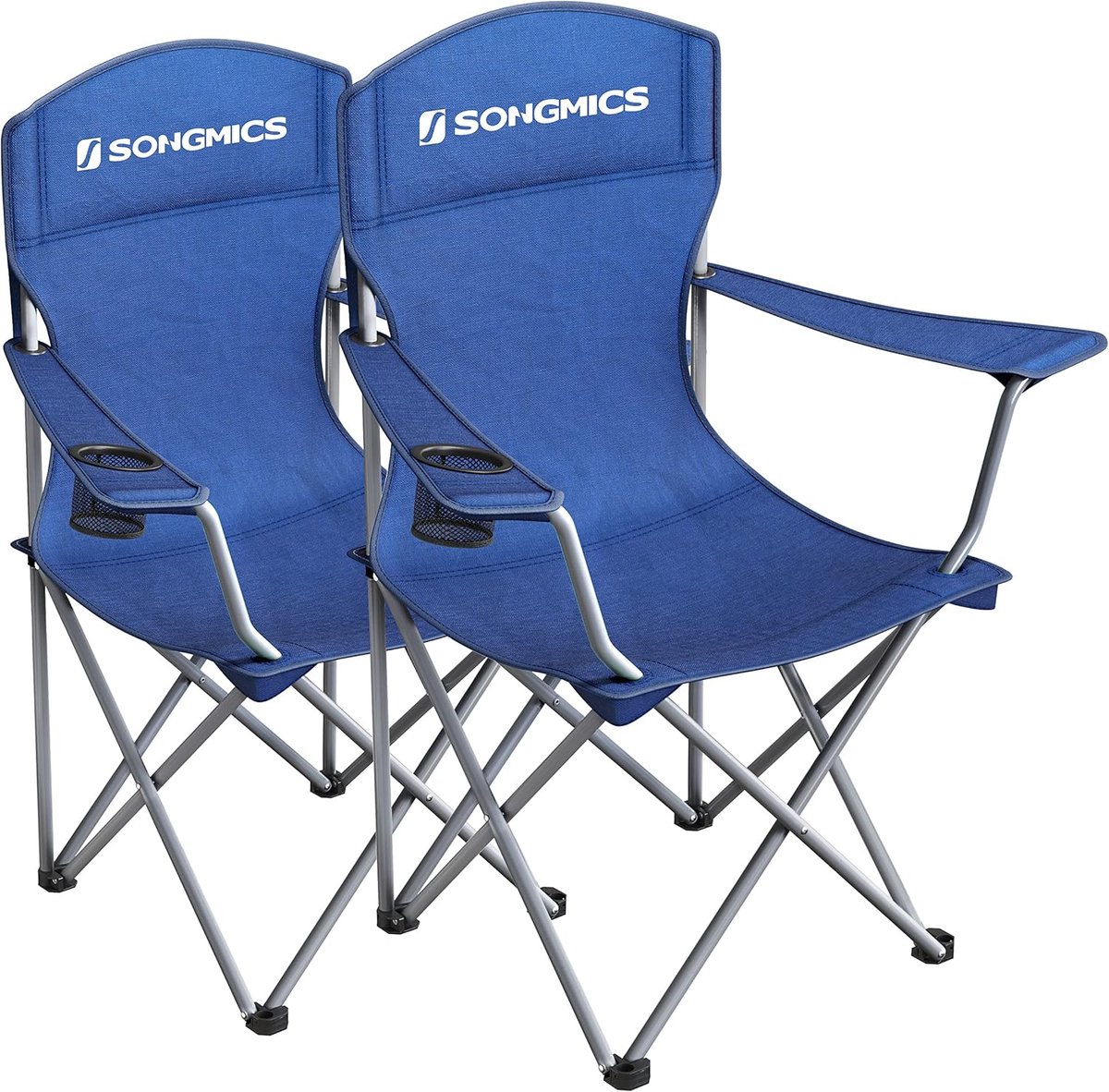 SONGMICS Campingstoel, set van 2, klapstoel voor buiten, visstoel, hoge rugleuning, armleuningen, bekerhouder, inklapbaar, tot 150 kg belastbaar, camping, tuin, terras, blauw GCB08BU
