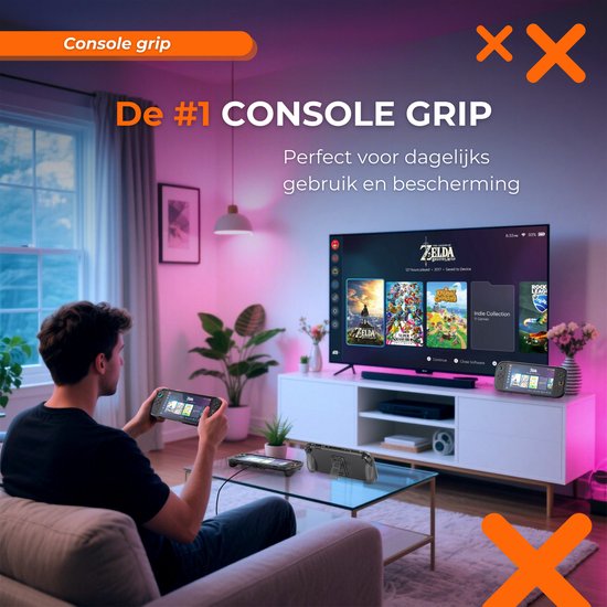 Man speelt Nintendo Switch 2 met console grip in een woonkamer, aangesloten op tv.