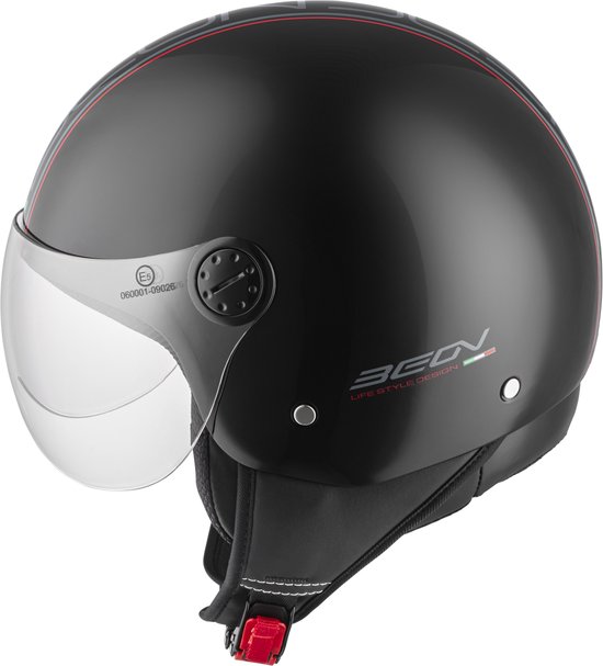 Zwarte jethelm met doorzichtig vizier, rode en grijze strepen en het 'BEON LIFE STYLE DESIGN' logo.