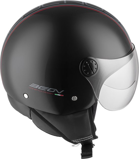 Zwarte jethelm met doorzichtig vizier, rode en grijze strepen en het 'BEON LIFE STYLE DESIGN' logo.