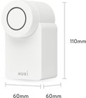 Witte Nuki Smart Lock, maten 110mm x 60mm x 60mm, op witte achtergrond.