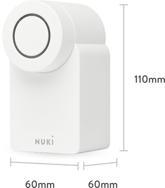 Witte Nuki Smart Lock, maten 110mm x 60mm x 60mm, op witte achtergrond.