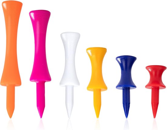 Zes plastic golf tees in verschillende kleuren: oranje, roze, wit, geel, blauw en rood, met witte achtergrond.