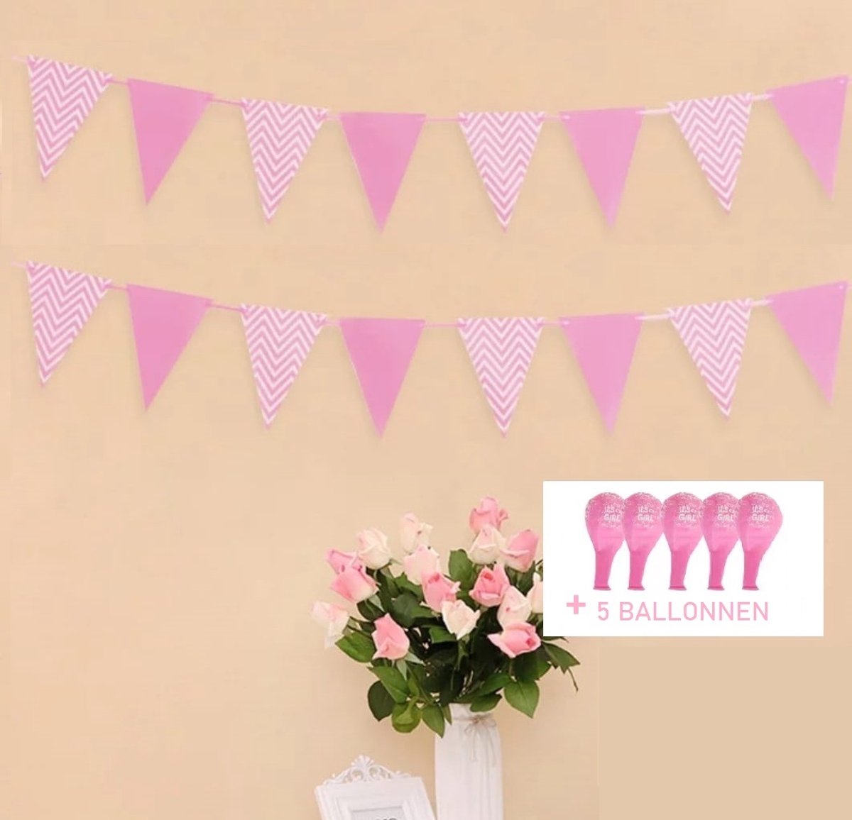 Vlaggenlijn geboorte baby met 5 stuks roze ballonnen -| 2 stuks slingers |Meisje, Roze | Welcome Baby Hart / Hartje - Slinger - Vlag - Raam | Kraamfeest - Kraamtijd - Vintage - Geboorte - Feest - Babyshower - Decoratie - Babykamer