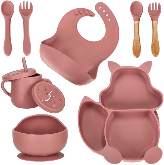 Coffret repas Enfants 9 pièces en Siliconen - Vaisselle pour enfants - Services de table Bébé - Set repas Bébé - Bol sucette, Cuillère à soupe, Assiette compartimentée, Fourchette et Gobelet avec bavoir - Sans BPA - Rose - Écureuil