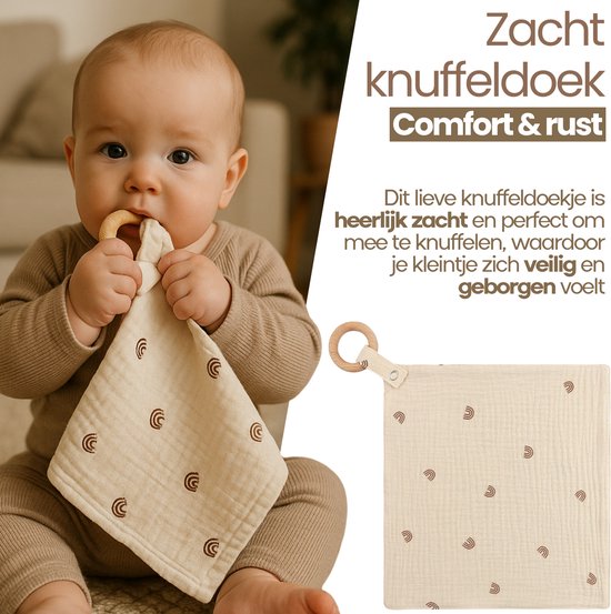Baby Geschenkset - 3-delige set - Kraamcadeau - babyshower- gender reveal - Unisex baby cadeau - kraamvisite- jongen - meisje - giftset - bijtring - doorkomende tandjes - speenkoord - speenketting - knuffeldoekje - Taupe van Merkloos — afbeelding 4
