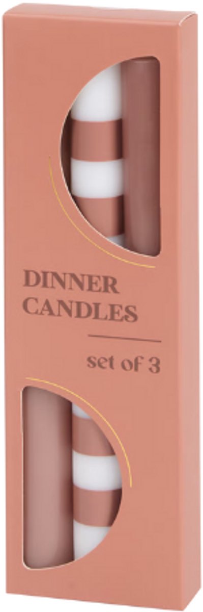 Dinerkaarsen - Set van 3 | Bruine Dinerkaarsen 22 cm - Gestreept - Effen - Luxe Dinerkaarsen - Brandtijd: 6 uur