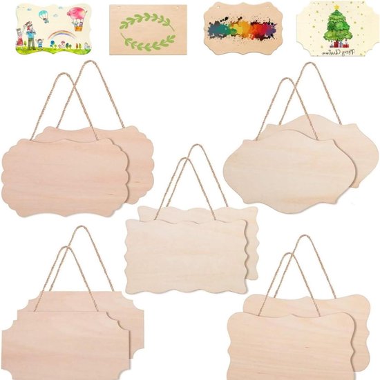 Foto: Allecto plus houten paneel voor brandschilderen en decoraties 10 stuks hangend onafgewerkt hout knutselbord met banners rechthoekig design