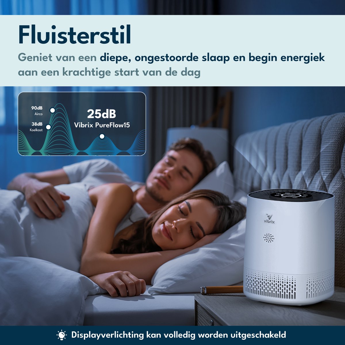 Vibrix PureFlow15 Luchtreiniger / Air Purifier – HEPA H13 + koolstoffilter – 100 m³/u – Voor kamers tot 15 m² – Ionisator – App-bediening – Zeer stil met slaapstand – Luchtkwaliteitindicator — afbeelding 5