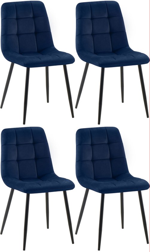 CLP Antibes Set van 4 Eetkamerstoelen - Zonder armleuning - Metaal frame - Velvet -, Kleur:donkerblauw