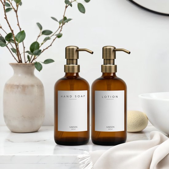 Koffs Design Glazen zeepdispenser voor badkamer en keuken, vloeibare zeepdispenser van bruin glas, modern, pompdispenser voor zeep, afwasmiddel en handcrème, spoeldispenser, blanco, 1 stuk