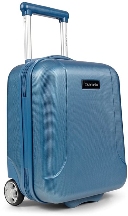 Blauwe CarryOn koffer met een gestructureerd oppervlak, uitschuifbaar handvat en wieltjes.