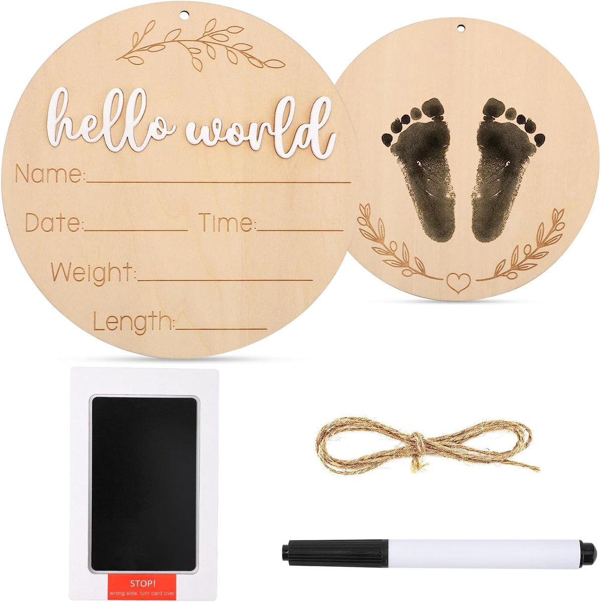 Houten Baby Aankondigingsbord - 15cm Nieuwgeboren Aankondigingsbord met Inktkussen en Markeerder - Baby Geboorte Aankondigingsbord voor Ziekenhuis en Kinderdagverblijf Fotoprop