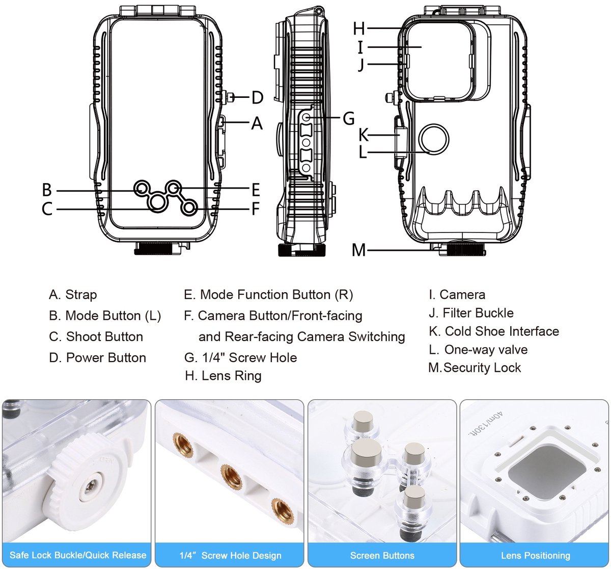 PULUZ 40m/130ft waterdichte duikbehuizing voor iPhone 14 Pro, met eenrichtingsklep voor foto's en video's onder water