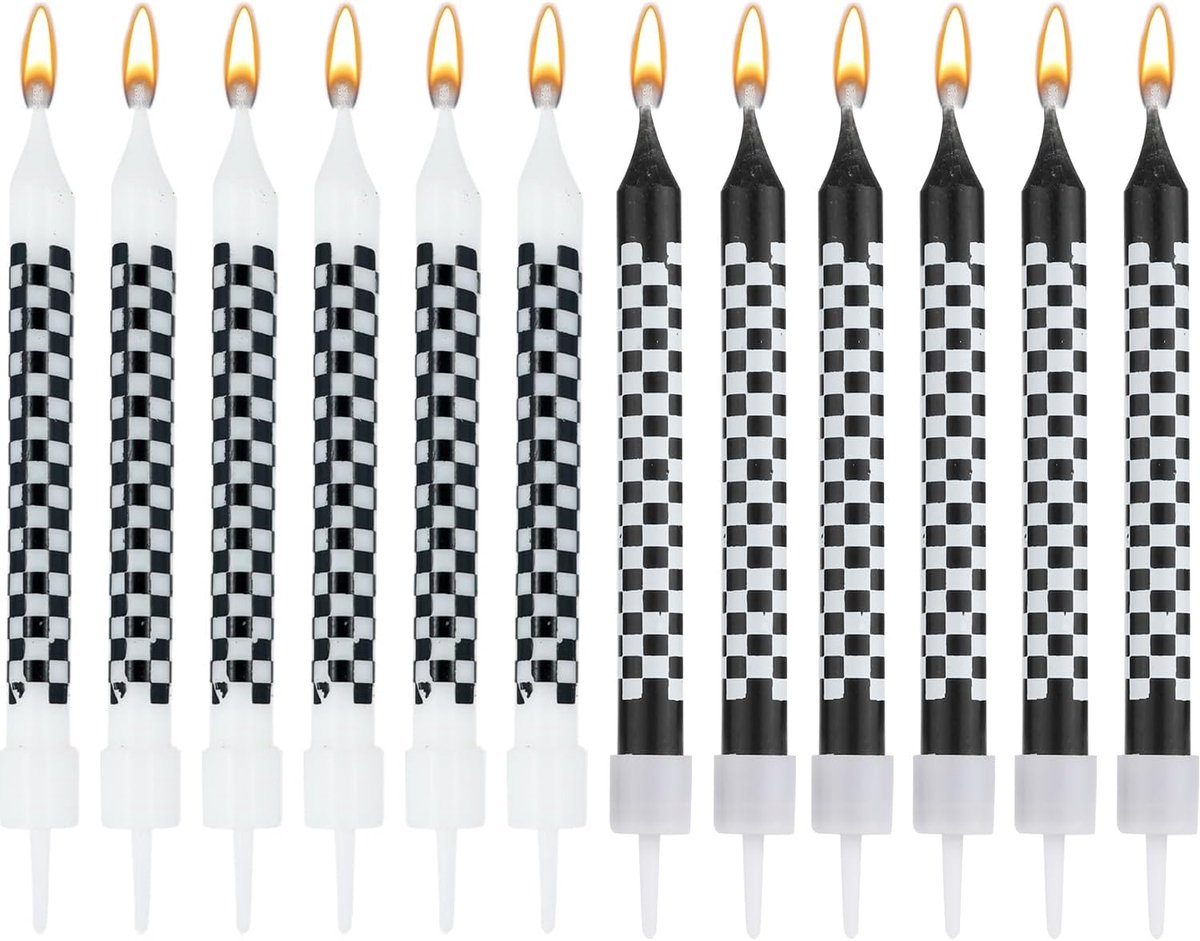 Image of 12 Stuks Race Car Thema Verjaardagscandles - Zwart Witte Geblokte Verjaardagscandles Cake Topper voor Race Car Feestje Baby Shower Favors