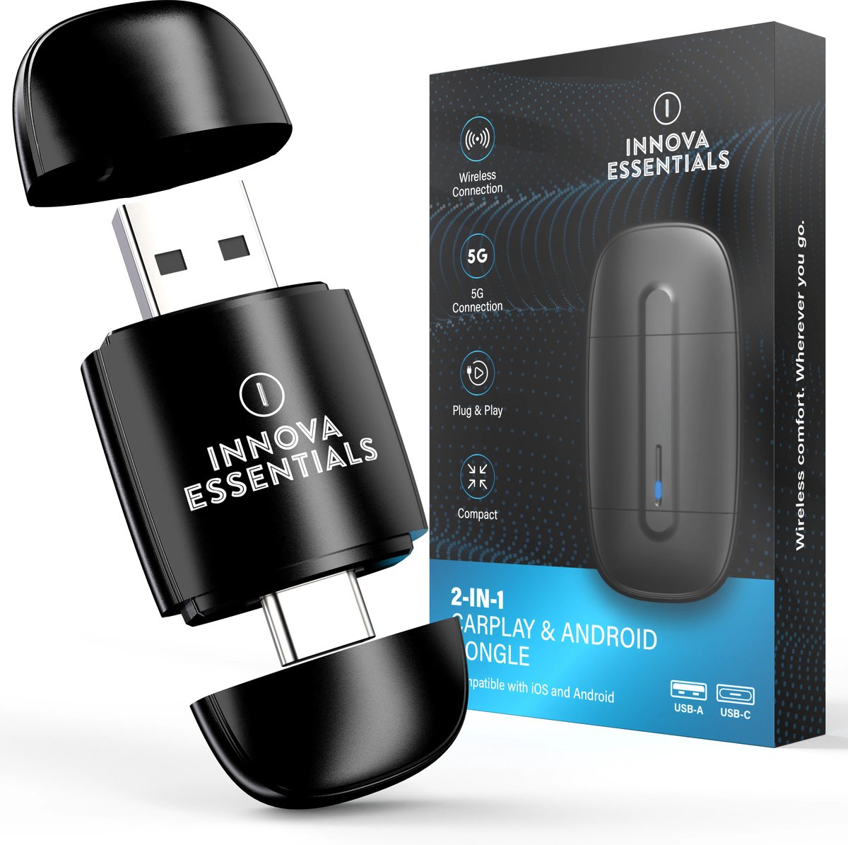 Innova® Mini 2-in-1- CarPlay Dongle & Android Auto Dongle - Geschikt voor Auto's met Apple Carplay en Android Auto Draadloos CarPlay & Android Auto - USB-A & USB-C adapter