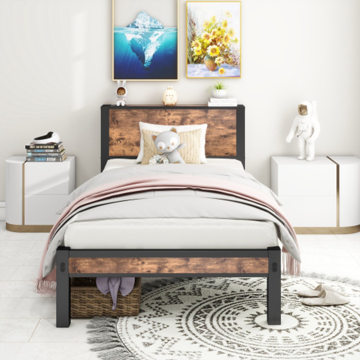 90 x 200 cm metalen frame met opbergbaar hoofdbord, eenpersoons metalen platformbedframe, geruisloos, metalen onderstel, geen boxspring nodig, vintage bruin