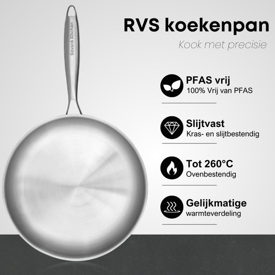 RVS koekenpan met lange handgreep, PFAS-vrij, krasbestendig, hittebestendig tot 260°C.