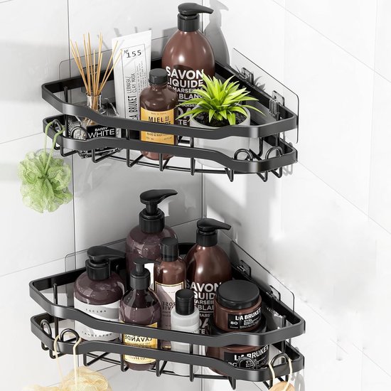 Étagère de douche d'angle autocollante Unyqoos®, support de rangement avec 4 crochets pour salle de bain sans perçage, 2 pièces, noir