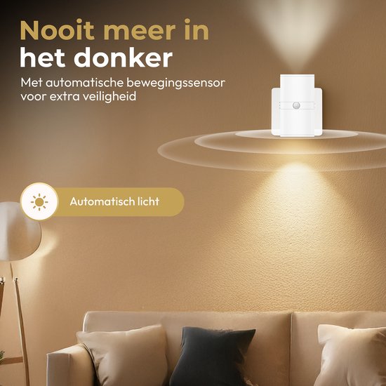 Wit nachtlampje met bewegingssensor, geeft warm licht.