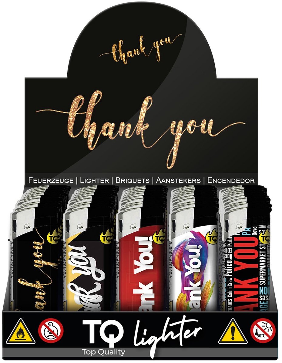 Elektronische aansteker hervulbaar - Design Thank You - Display 50 stuks - wegwerpaansteker - electronic lighter - klik aanstekers