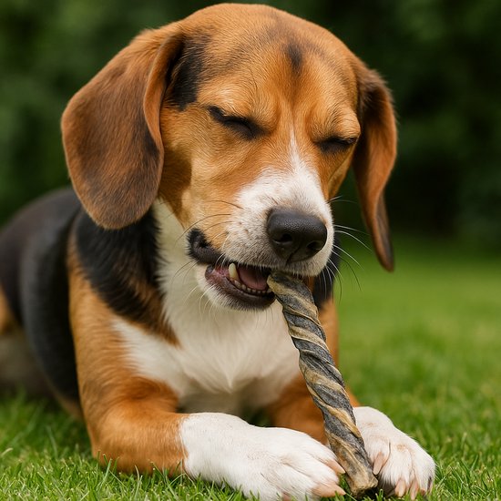 Beagle met gesloten ogen die op een gedraaide kabeljauw huid kauwt.