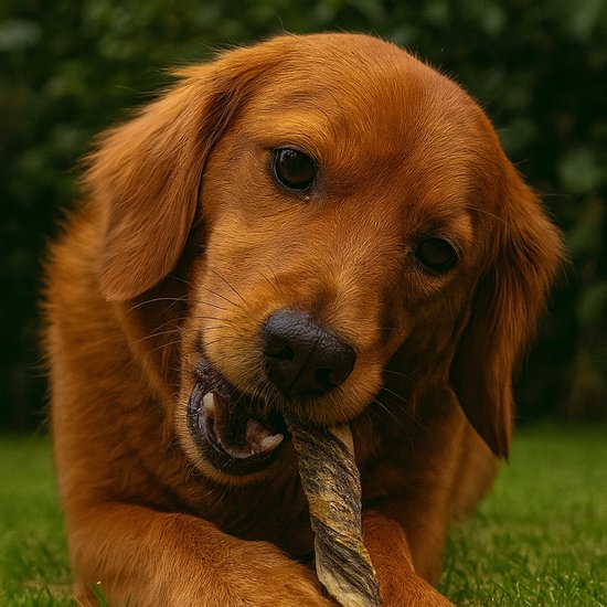 Bruine hond die op een gedraaide kabeljauw huid kauwt.