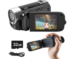 Roxa Retro Digitale Camera 1080P – 16MP Vintage Camcorder met Draaibaar Scherm, Selfie Mode, 16x Zoom & Vullicht – Inclusief 32GB SD-kaart – Zwart