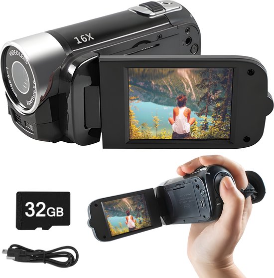 Roxa Retro Digitale Camera 1080P – 16MP Vintage Camcorder met Draaibaar Scherm, Selfie Mode, 16x Zoom & Vullicht – Inclusief 32GB SD-kaart – Zwart