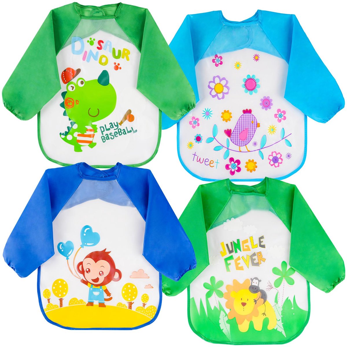 Vicloon Baby Slabbetjes met Lange Mouwen, 4-Pack Waterdichte Baby Slabbetjes, Mouwloze Slabbetjes, Wasbaar, Unisex Voor Schilderen, Spelen, Eten, Knutselen, Schilderen, 4 Patronen, Geschikt voor Kinderen van 6-36 Maanden