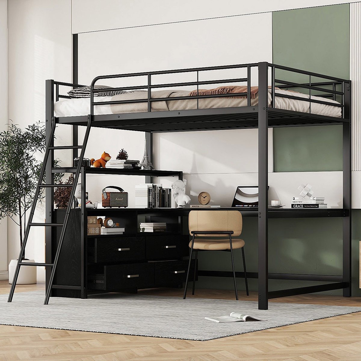 KOMHTOM Mezzaninebed Bed 140x200 cm bed met ijzeren frame praktische lades elegante L-vormige bureau gelamineerd zwart