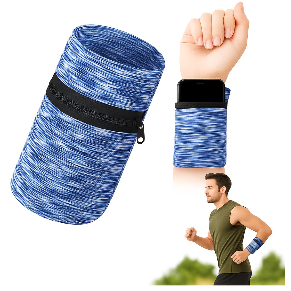 Pols Portemonnee Met Rits I Wrist Wallet I Running Polsband I Smartphone Opbergen I Running Armbelt I 2 Vakken I Blauw Patroon