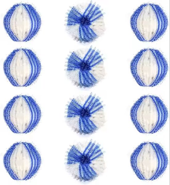 Douze boules de lavage sur fond blanc, alternant rayures bleu-blanc et blanc-bleu.