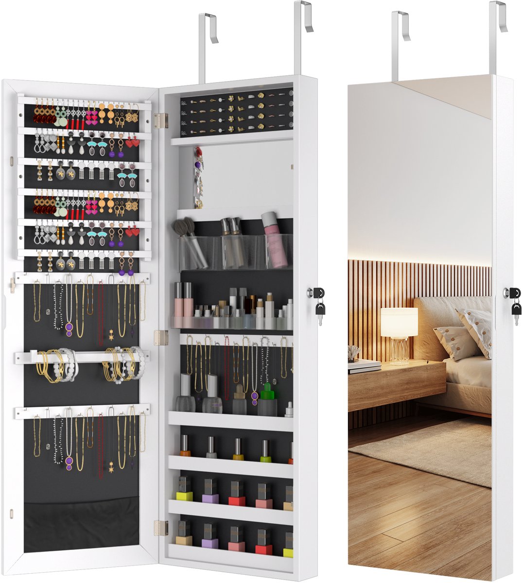 Sieradenkast Hangende Spiegelkast Afsluitbare Sieraden Organizer Met Spiegel Make-up Kastdeur / Wandmontage - Wit