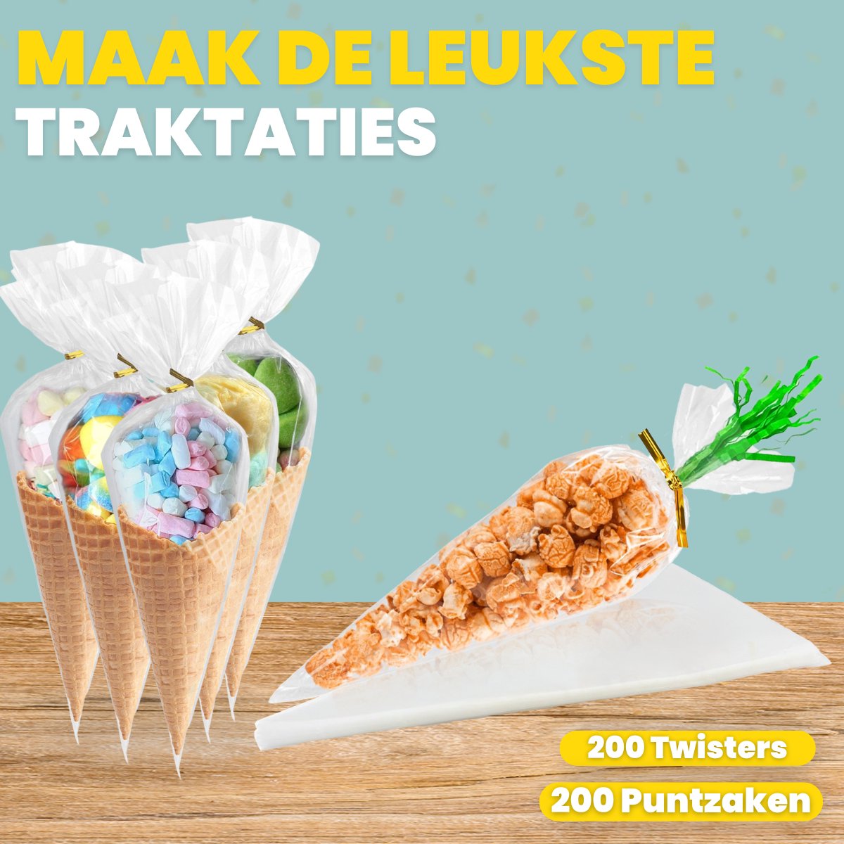 Feestio Uitdeelzakjes Puntzak - 200 Stuks - Snoepzakjes - Traktatie Zakjes Kinderfeestje - Cellofaanzakjes Transparant - Cadeauzakjes - Snoepzak — afbeelding 3