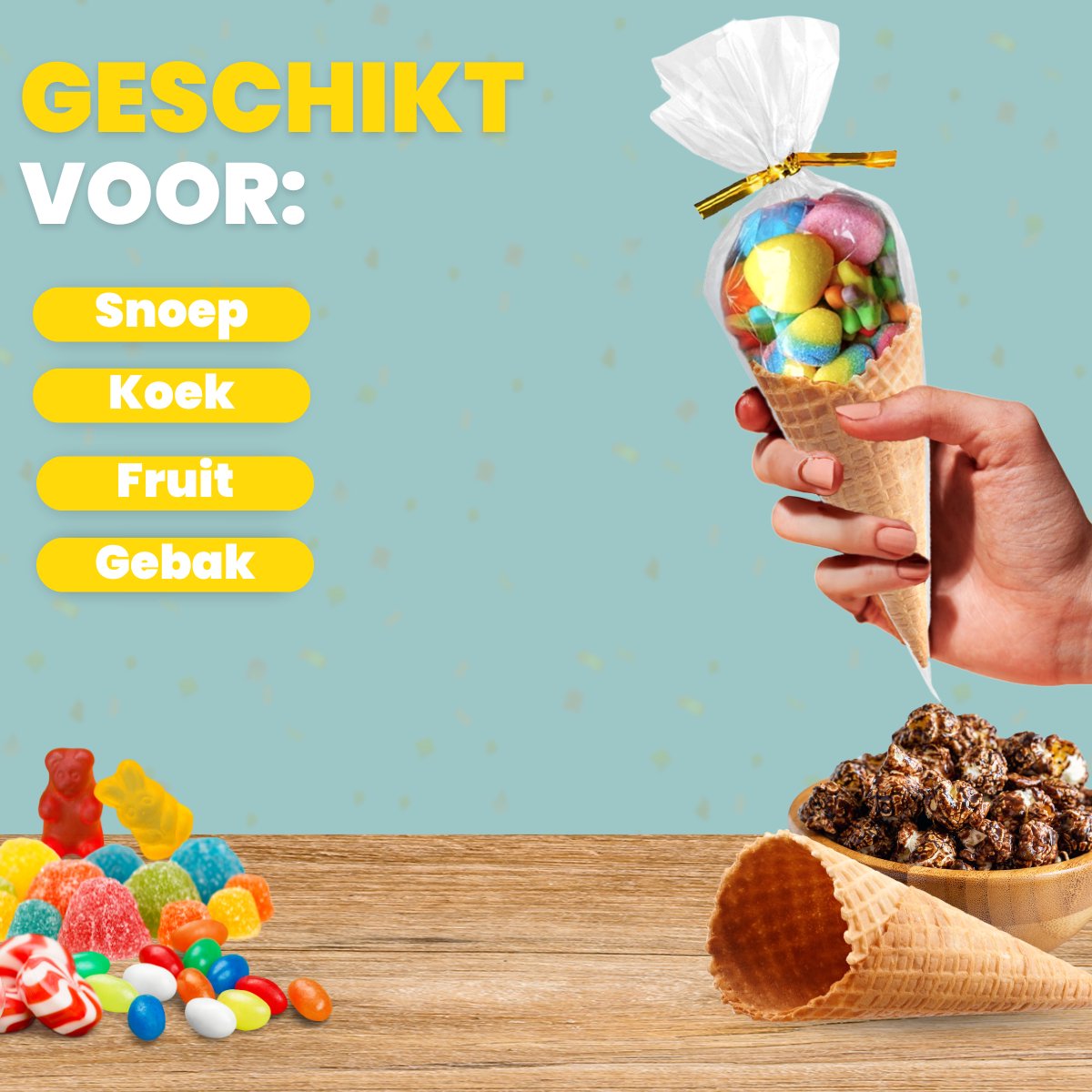 Feestio Uitdeelzakjes Puntzak - 200 Stuks - Snoepzakjes - Traktatie Zakjes Kinderfeestje - Cellofaanzakjes Transparant - Cadeauzakjes - Snoepzak — afbeelding 2