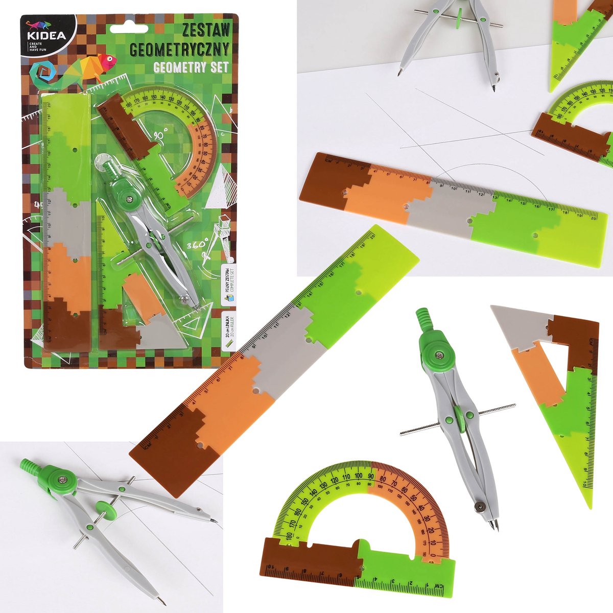 GEOMETRISCHE SET schoolspullen voor jongen, liniaal, geodriehoek, hoekmeter, passer met vulling KIDEA