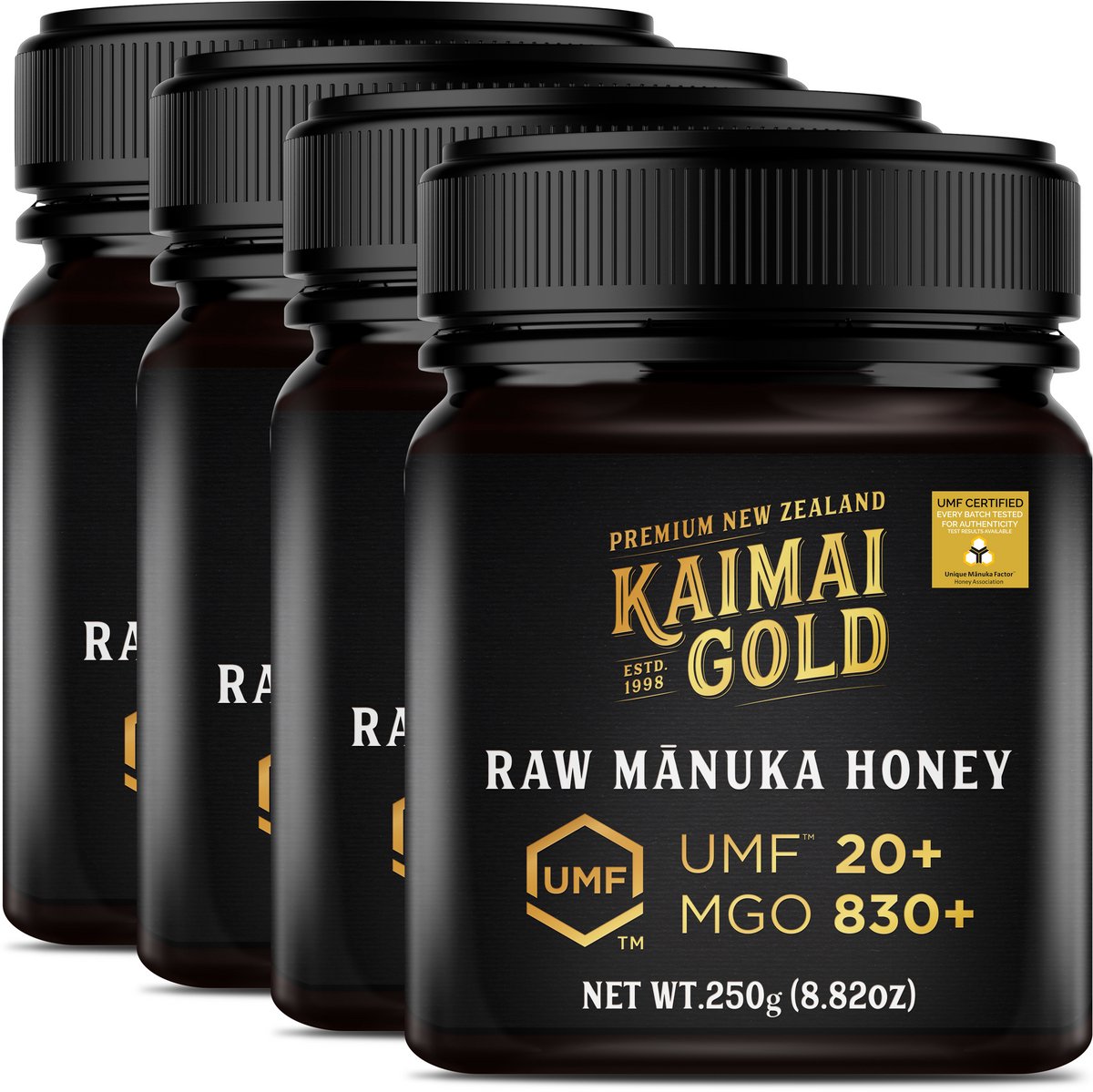 Kaimai Gold MGO 830+ / UMF 20+ Manuka Honing * 1000G (4x 250G) Premium Monoflorale UMF® Gecertificeerde ManukaHoning uit Nieuw-Zeeland # T.h.t. 20-07-2028 # MGO 600 625 = UMF 16, 696 700 720 = UMF 18, 800 820 = UMF 19, 829 850 = UMF 20, 1000 = UMF 22