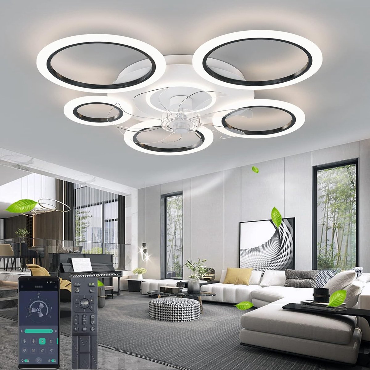 6 Ringen Plafondventilator - Zwart - 6 Snelheden - Dimbaar Met Afstandsbediening en APP - Chandelier Fan - Zomer/Winter - Woonkamer Lamp - 90 cm