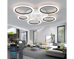 6 Ringen Plafondventilator - Zwart - 6 Snelheden - Dimbaar Met Afstandsbediening en APP - Chandelier Fan - Zomer/Winter - Woonkamer Lamp - 90 cm