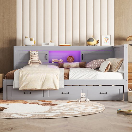 Volwassen bed Dubbel bed Sofa bed 140x200 cm afstandsbedienbare sfeerverlichting opbergruimte aan de zijkant uitschuifbaar bed grijs