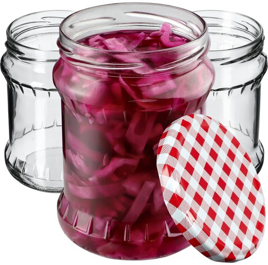 KADAX Inmaakpotten, 500 ml, bewaarpotten met schroefdeksel, inmaakpotten, jampot, voorraadpot, conservenglas, ronde potten (rood geruit, 8 stuks)
