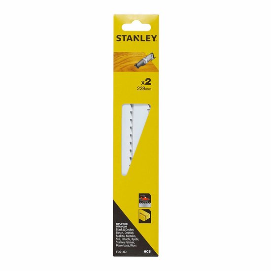 Gele Stanley verpakking met twee reciprozaagbladen van 228 mm voor hout en kunststof. Aangeduid met "x2 228mm".