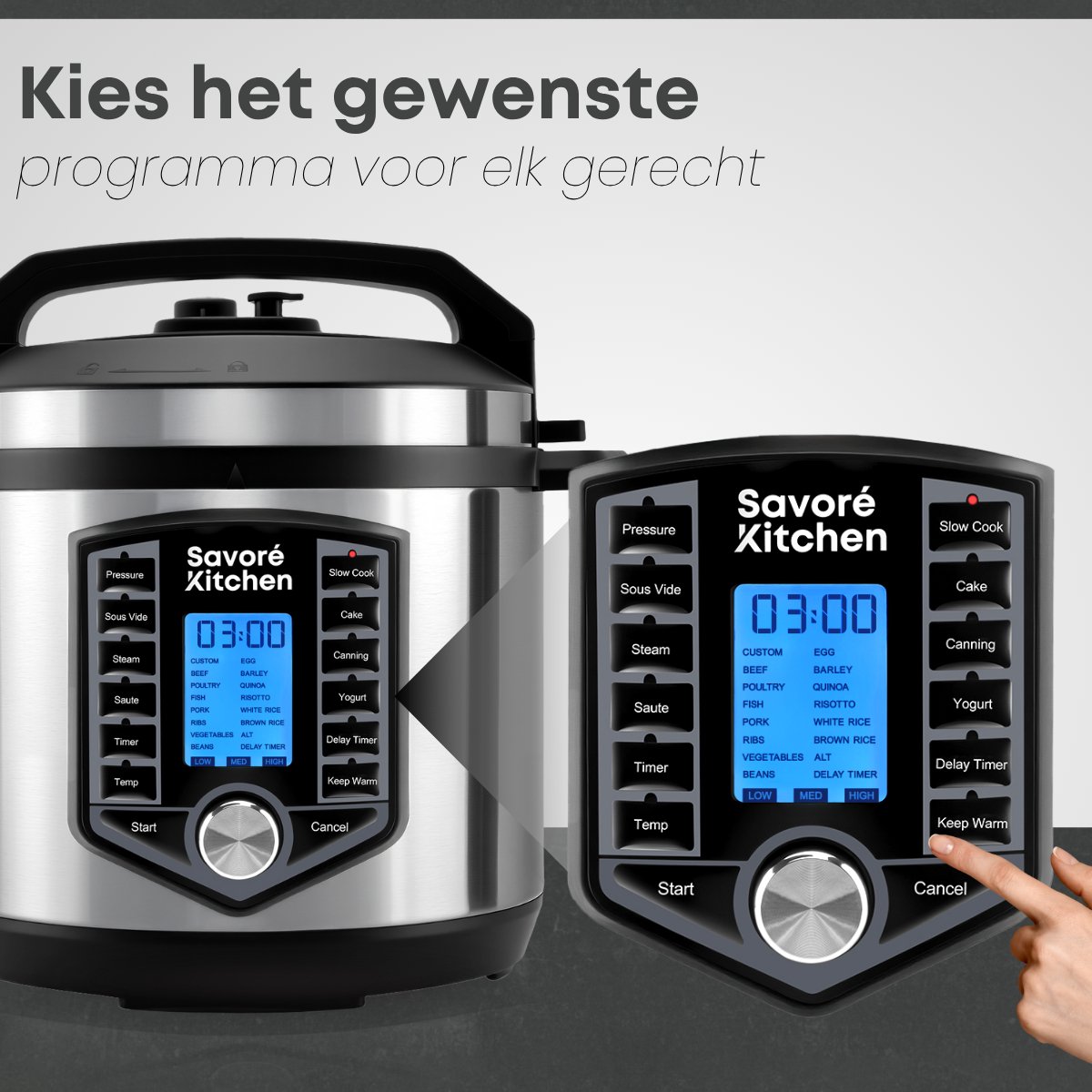 Afbeelding 2 van Savoré Kitchen Pressure Cooker – 6L – PFAS Vrij – Snelkookpan, Rijstkoker, Slowcooker, Stomer & Sous-vide in één – Multicooker