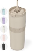 ONYX Drinkfles met Rietje 700ML - Waterfles voor Kinderen & Volwassenen - Thermosbeker RVS Travel Mug - Motiverende Drinkbus - Drinkbeker voor School - Sand Beige