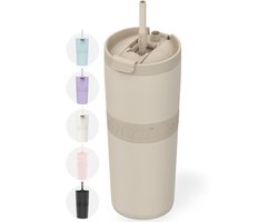 ONYX Drinkfles met Rietje 700ML - Waterfles voor Kinderen & Volwassenen - Thermosbeker RVS Travel Mug - Motiverende Drinkbus - Drinkbeker voor School - Sand Beige