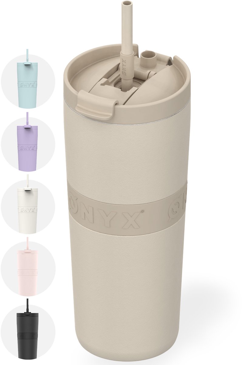 ONYX Drinkfles met Rietje 700ML - Waterfles voor Kinderen & Volwassenen - Thermosbeker Travel Mug - Motiverende Drinkbus - Drinkbeker voor School - Beige