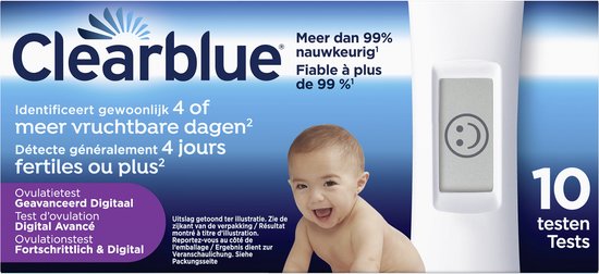 Clearblue ovulatietest met babyillustratie en "10 testen".