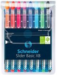 Twaalf Schneider Slider Basic XB pennen in verschillende kleuren, verpakt in een doorzichtige kunststof verpakking.